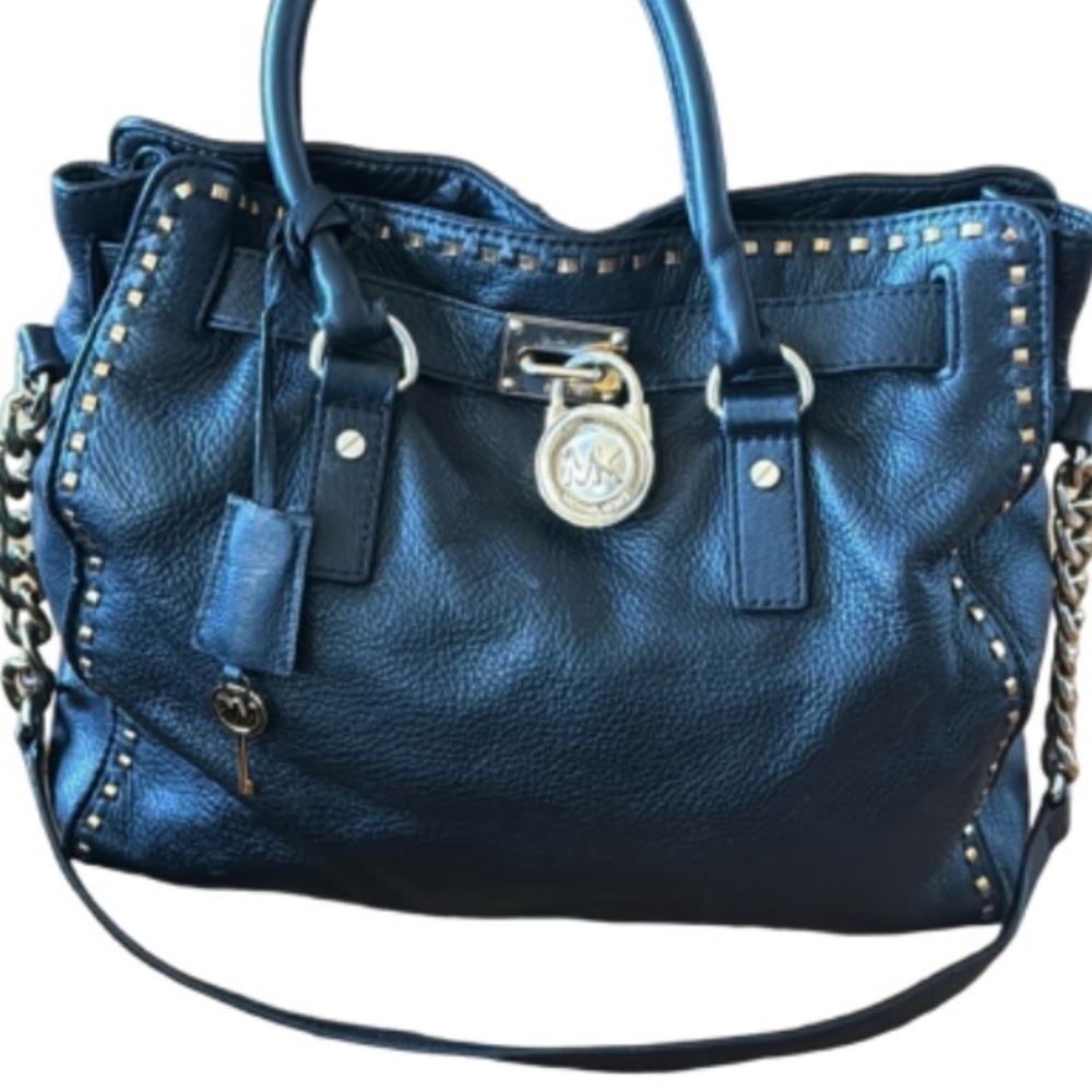 micheal kors black and gold stitched hamilton bag  with lock & key